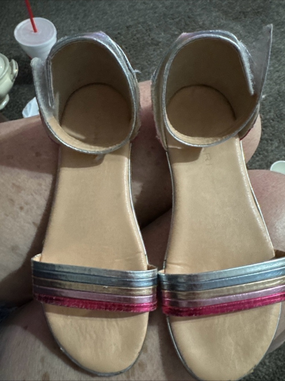 Kids size 2 Metallic Multi-Stripe Ankle Strap Sandals - Pink